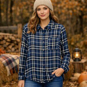 Mystree Navy Plaid Button-Front Blouse | Lightweight Long Sleeve Shirt